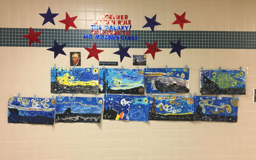 Mr. Moore’s students are learning about Vincent Van Gogh.  His students created their own versions of Van Gogh’s famous painting “Starry Night”.