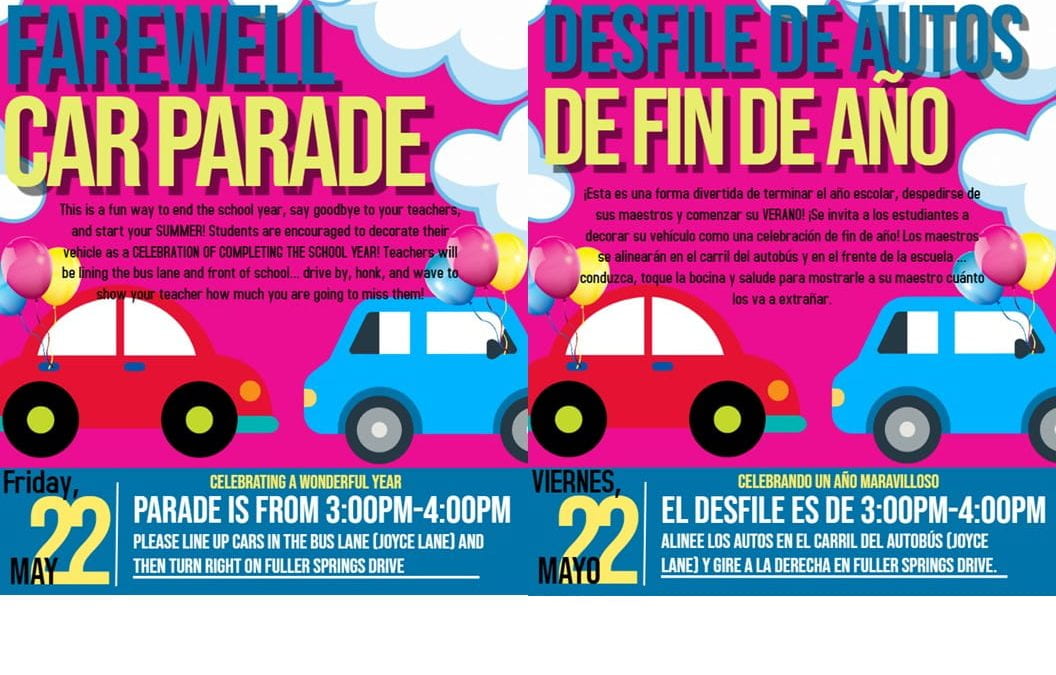 Farewell Car Parade Friday, May 22nd from 3:00PM-4:00PM